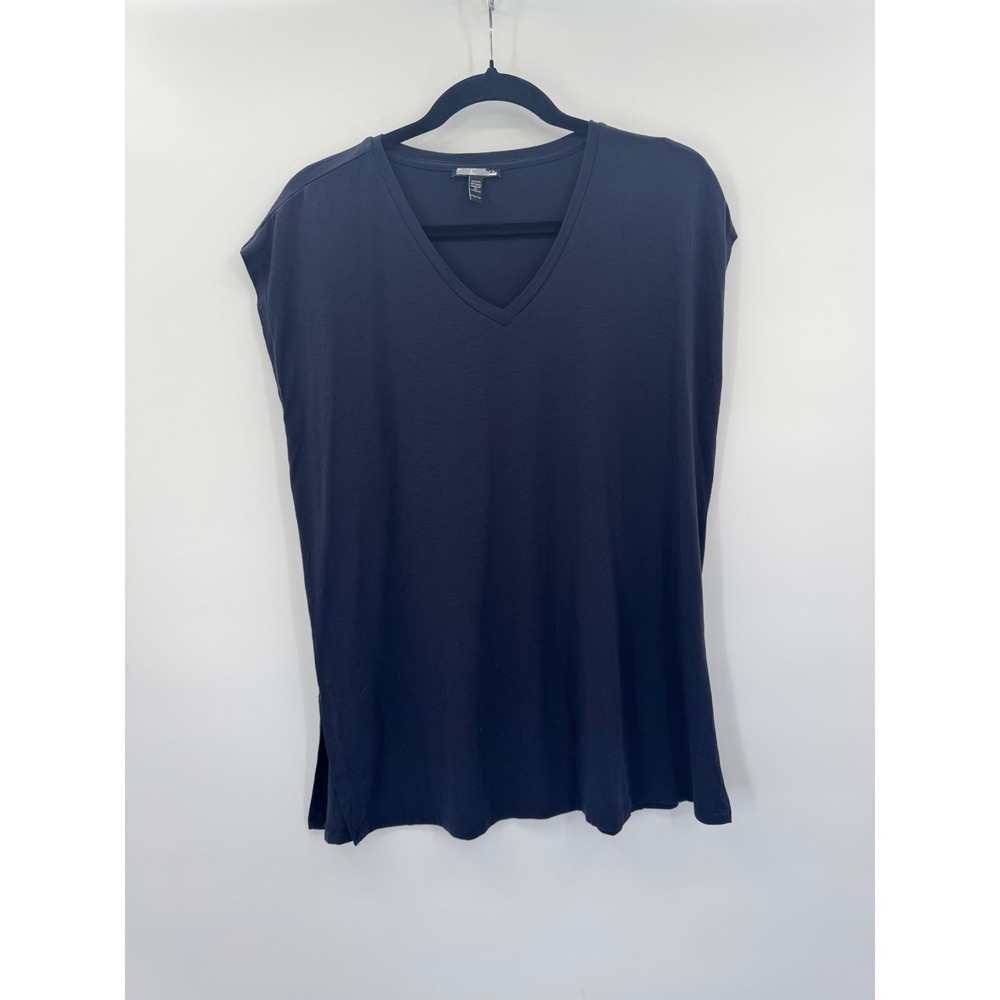 Eileen Fisher V-Neck Short Sleeve Top XXS Navy Blue Tencel Lyocell Capsule Basic